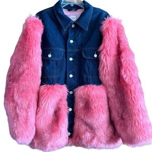 Natasha Zinko hybrid denim HOT pink faux fur jacket dark wash jean 38 M L XL